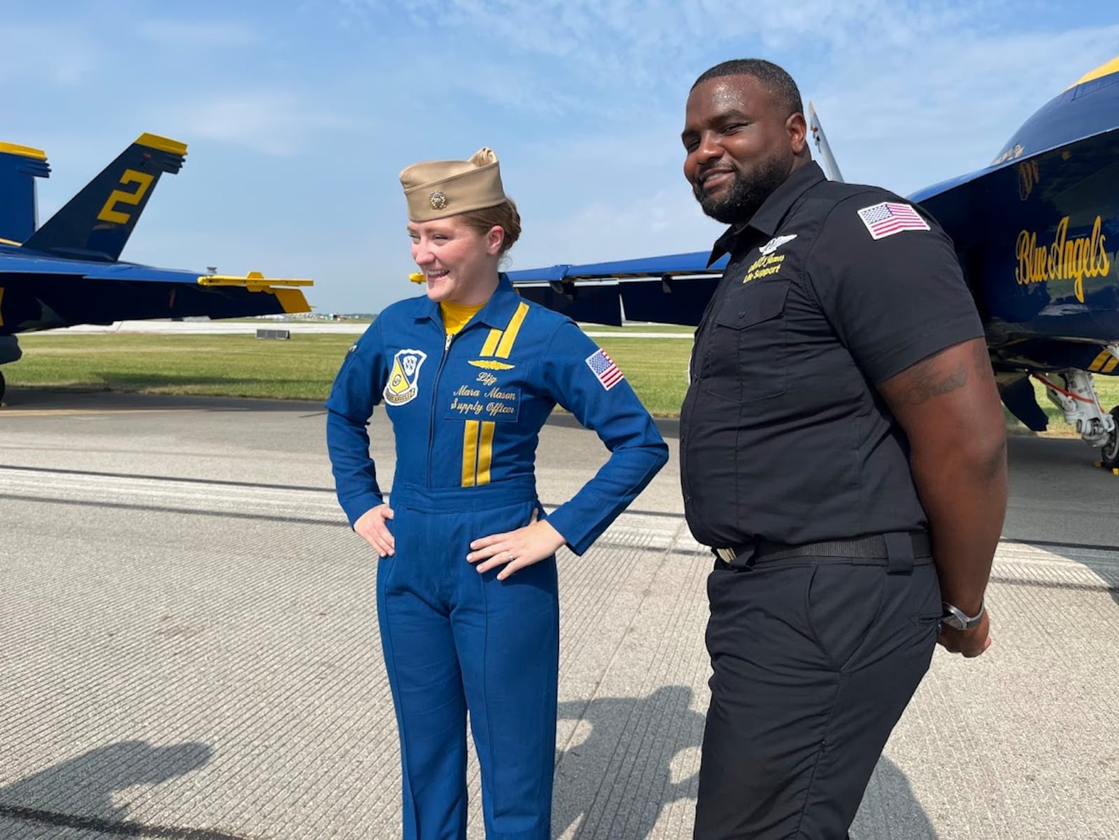 Navy Lt. Junior Grade Mara Mason, left, and Petty Officer 1st Class Jordan James, both with Miami Valley ties, are looking forward to this weekend's CenterPoint Energy Dayton Air Show. THOMAS GNAU/STAFF