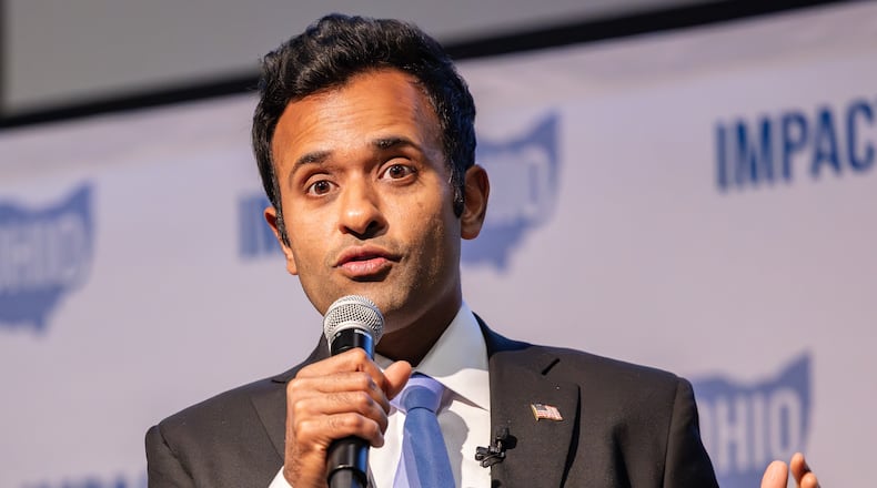 Ohio gubernatorial candidate Vivek Ramaswamy speaks during the keynote address in the Ohio Chamber's 2025 Dayton Regional Impact Ohio Conference on Tuesday, Aug. 26, in the Apollo Room in the Student Union at Wright State University. BRYANT BILLING / STAFF