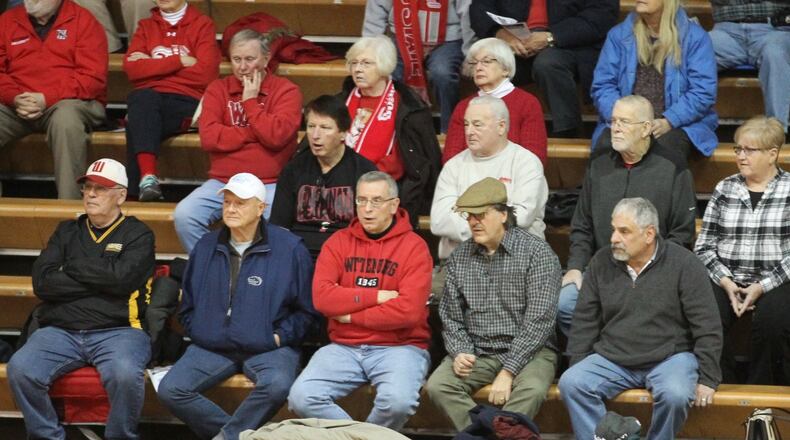 Wittenberg fans watch a men’s basketball game against Wabash on Wednesday, Feb. 13, 2019, at Pam Evans Smith Arena in Springfield. David Jablonski/Staff