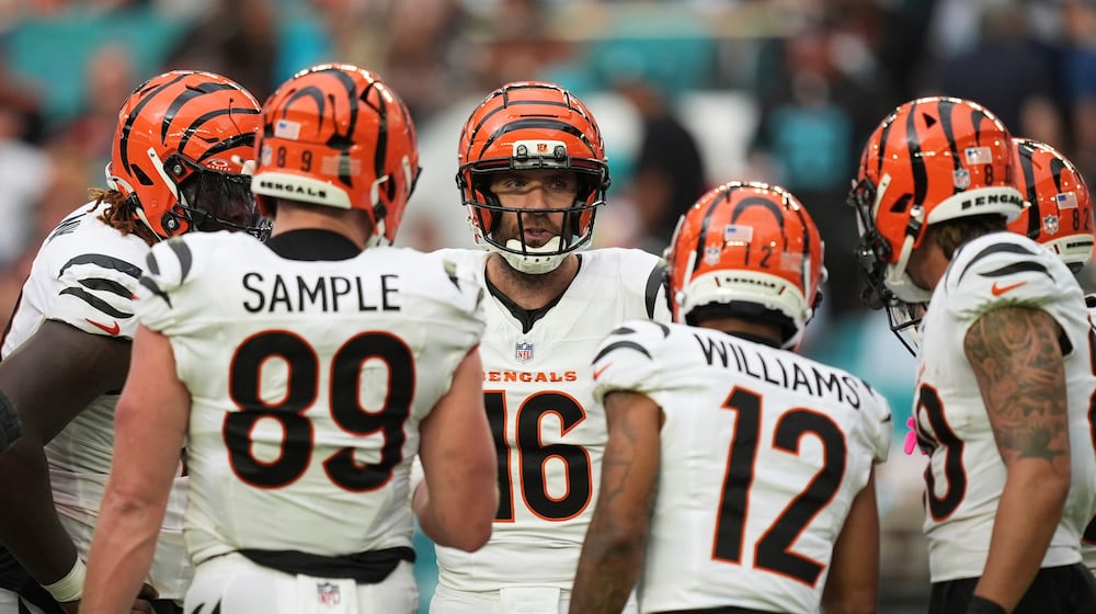 Cincinnati Bengals quarterback Joe Flacco (16) calls a play during the second half of an NFL football game against the Miami Dolphins, Sunday, Dec. 21, 2025, in Miami Gardens, Fla. (AP Photo/Rebecca Blackwell)