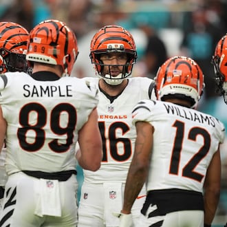 Cincinnati Bengals quarterback Joe Flacco (16) calls a play during the second half of an NFL football game against the Miami Dolphins, Sunday, Dec. 21, 2025, in Miami Gardens, Fla. (AP Photo/Rebecca Blackwell)