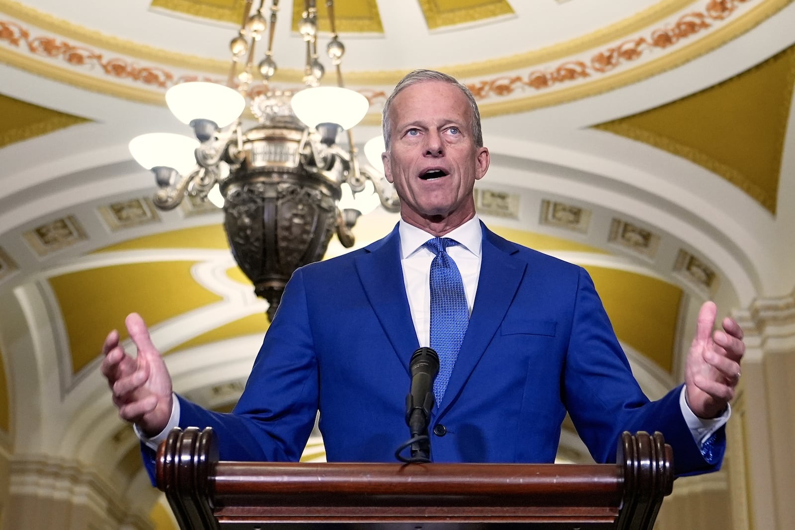 Sen. Majority Leader John Thune, R-S.D., talks after a policy luncheon on Wednesday, July 9, 2025, at the Capitol in Washington. (AP Photo/Mariam Zuhaib)