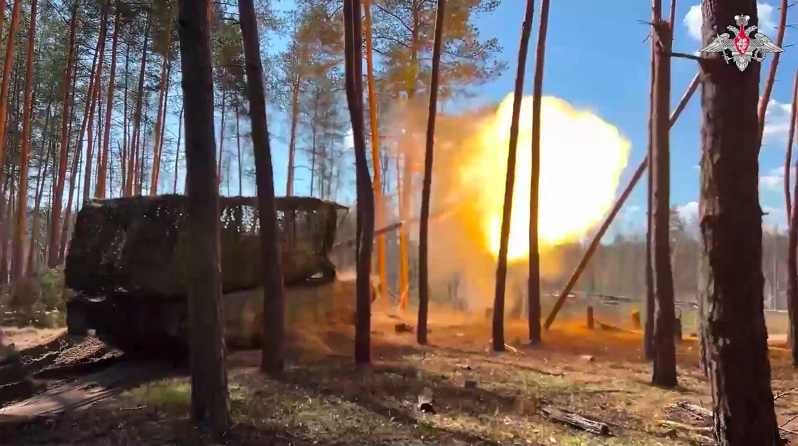 In this photo, taken from video released by Russian Defense Ministry Press Service on Monday, June 9, 2025, a Russian T-90 tank fires towards a Ukrainian position on an undisclosed location in Ukraine. (Russian Defense Ministry Press Service via AP)