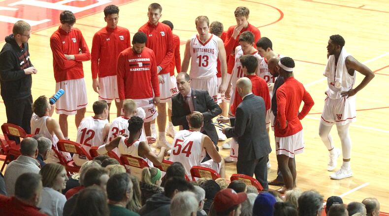 Wittenberg coach Matt Croci talks to the players during a game against Wabash on Wednesday, Feb. 13, 2019, at Pam Evans Smith Arena in Springfield. David Jablonski/Staff