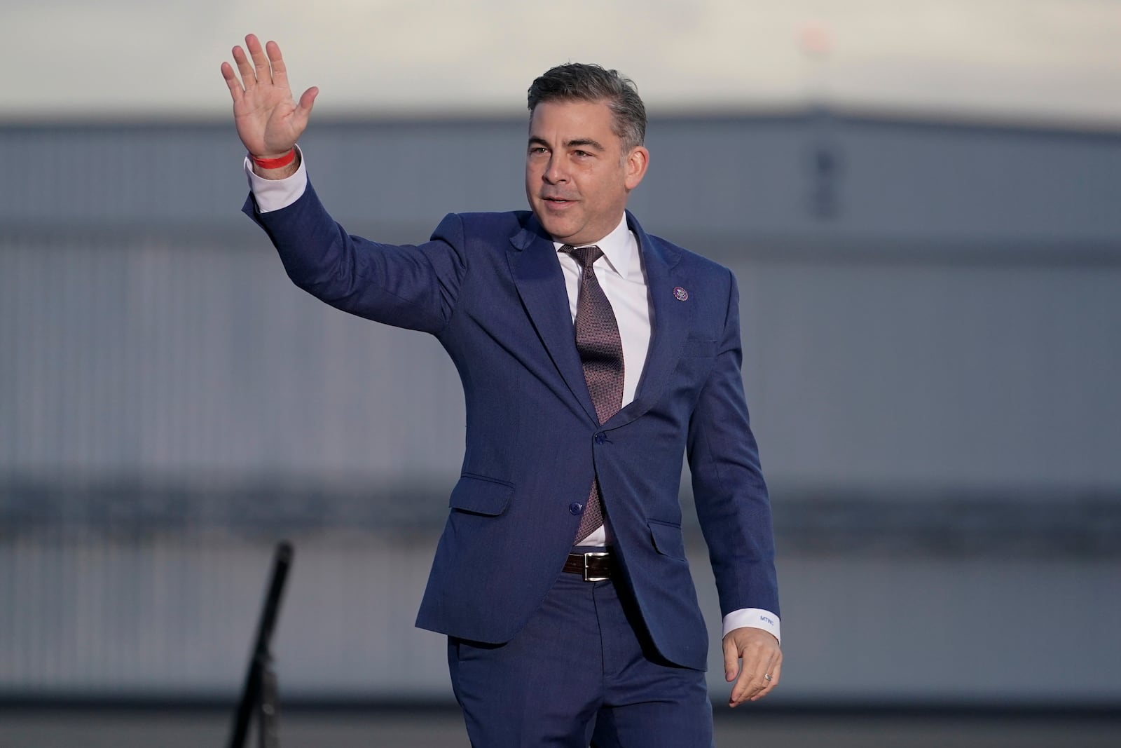 Rep. Mike Carey, R-Ohio, arrives to speak before former President Donald Trump at a rally in support of the campaign of Ohio Senate candidate JD Vance at Wright Bros. Aero Inc. at Dayton International Airport on Monday, Nov. 7, 2022, in Vandalia, Ohio. (AP Photo/Michael Conroy)