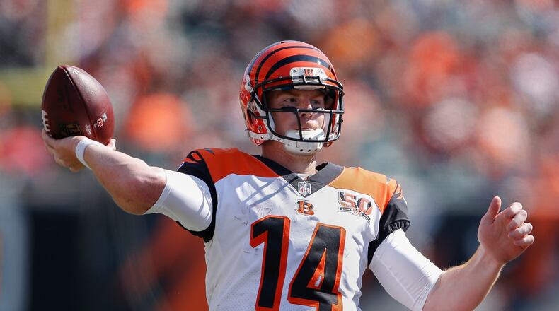 Cincinnati Bengals quarterback Andy Dalton passes in the second half of an NFL football game against the Baltimore Ravens, Sunday, Sept. 10, 2017, in Cincinnati. (AP Photo/Gary Landers)