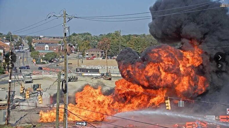 A webcam image of the fireball started when a construction vehicle struck a gas line at a Montgomery site, Oct. 7, 2020. WCPO-TV