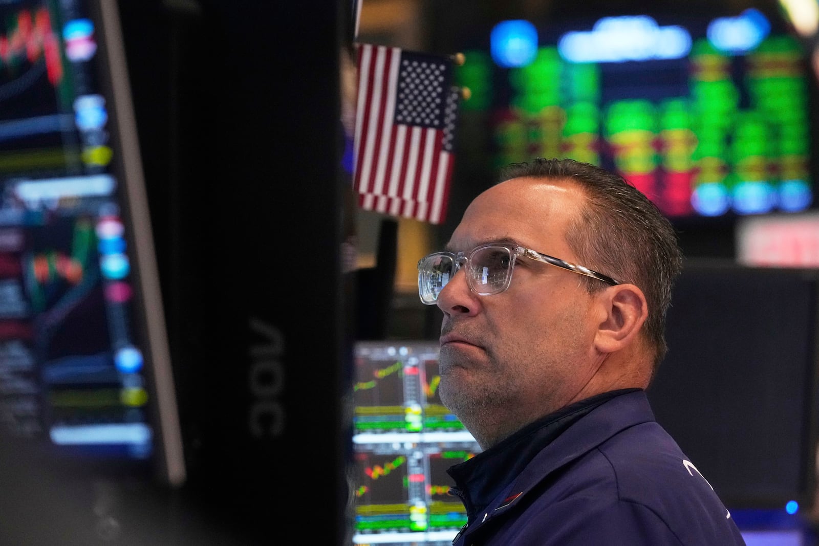 Specialist Anthony Matesic works at his post on the floor of the New York Stock Exchange, Wednesday, May 7, 2025. (AP Photo/Richard Drew)