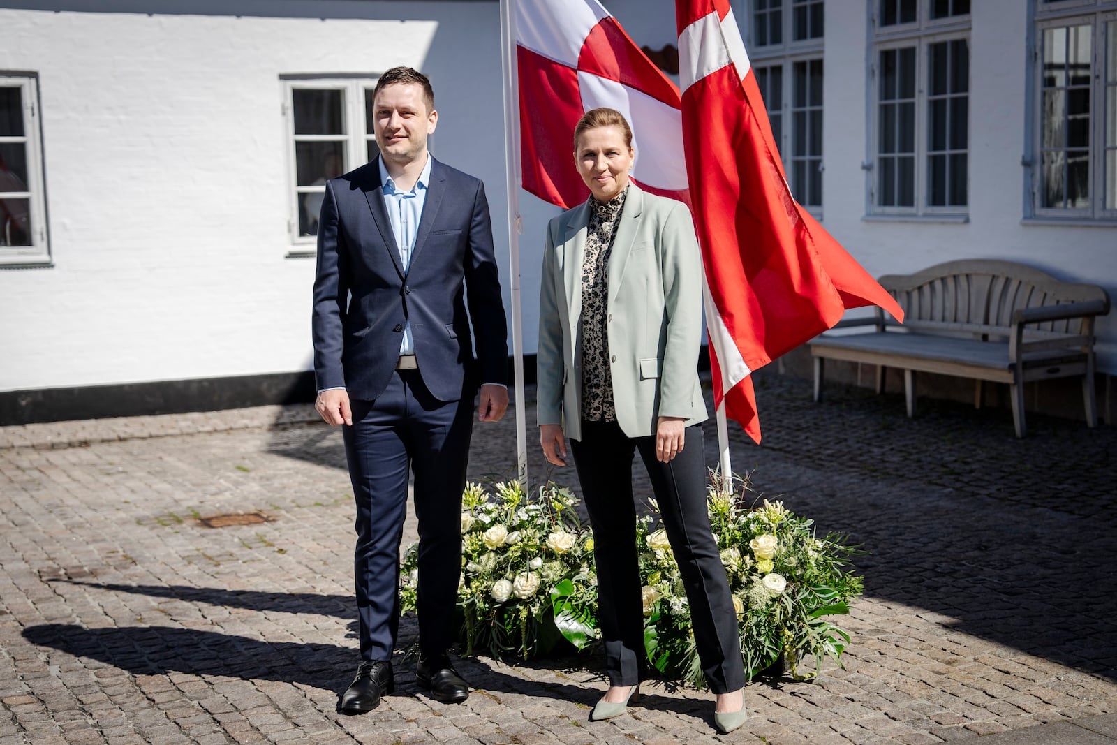 Denmark's Prime Minister Mette Frederiksen, right, and Greenland's Prime Minister Jens-Frederik Nielsen pose for a picture during their meeting at Marienborg in Kongens Lyngby, Denmark, Sunday, April 27, 2025. (Mads Claus Rasmussen/Ritzau Scanpix via AP)