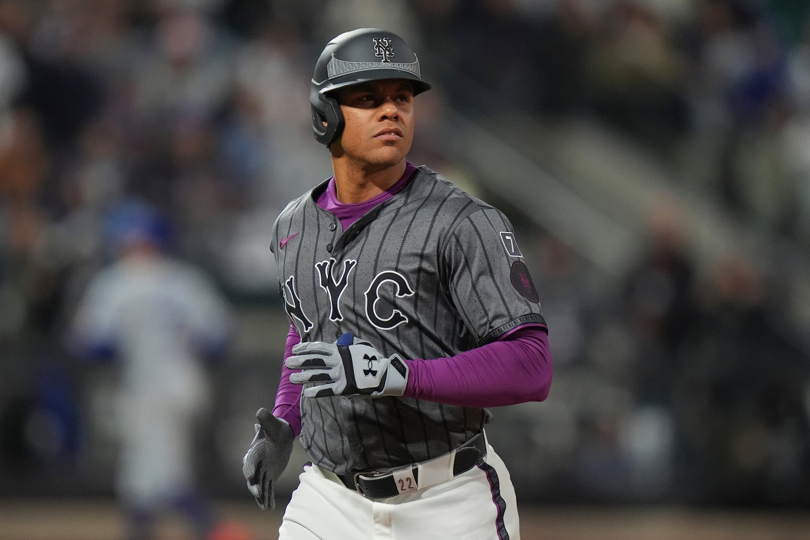 New York Mets' Juan Soto reacts after the fourth inning of a baseball game against the Los Angeles Dodgers Saturday, May 24, 2025, in New York. (AP Photo/Frank Franklin II)