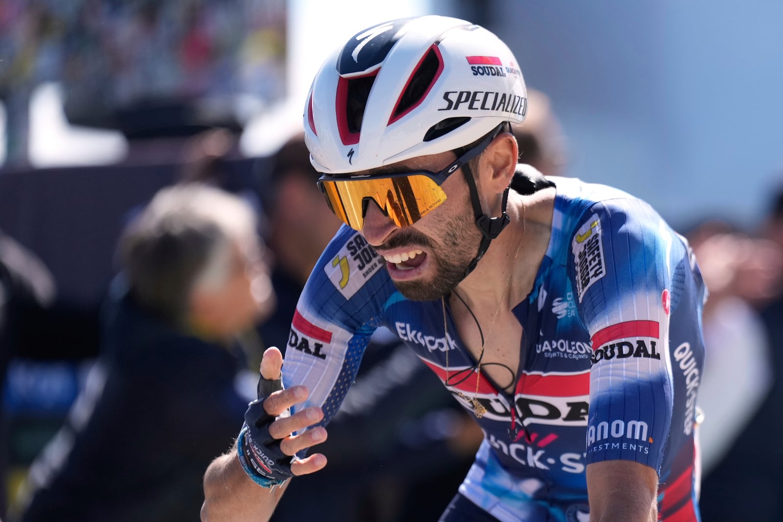 France's Valentin Paret Peintre crosses the finish line to win the sixteenth stage of the Tour de France cycling race over 171.5 kilometers (106.6 miles) with start in Montpellier and finish on the Mont Ventoux, France, Tuesday, July 22, 2025. (AP Photo/Mosa'ab Elshamy)