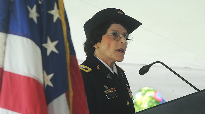Kathy Platoni, Psy.D., retired U.S. army colonel, gives the Memorial Day address at the Dayton National Cemetery in May 2016.
