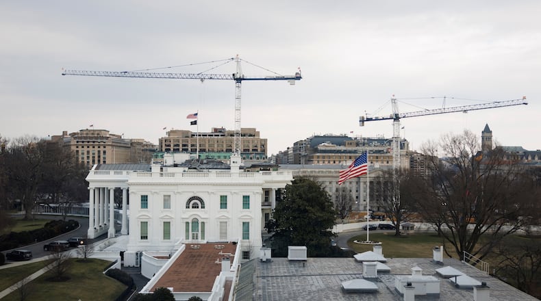 The White House, including the West Wing and construction of the new ballroom, is seen from the Old Eisenhower Executive Office Building on the White House campus Wednesday, Feb. 25, 2026, in Washington. (AP Photo/Tom Brenner)