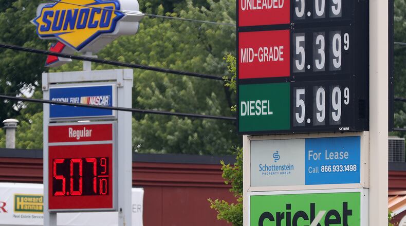 Gas prices at two stations in Springfield were both over $5.00 per gallon Tuesday, June 7, 2022. BILL LACKEY/STAFF