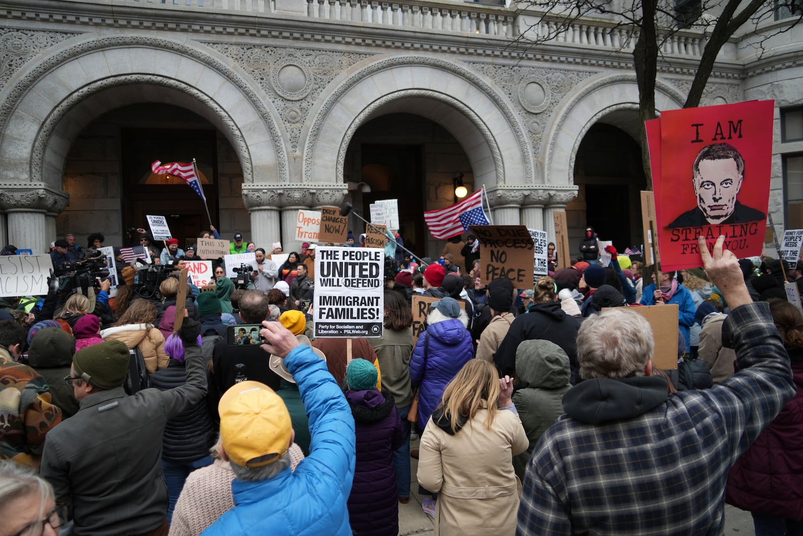 Supporters of Judge Hannah Dugan hold a rally in Milwaukee at the U.S. Courthouse in Milwaukee on Friday, April 25, 2025. (Lee Matz/Milwaukee Independent via AP)
