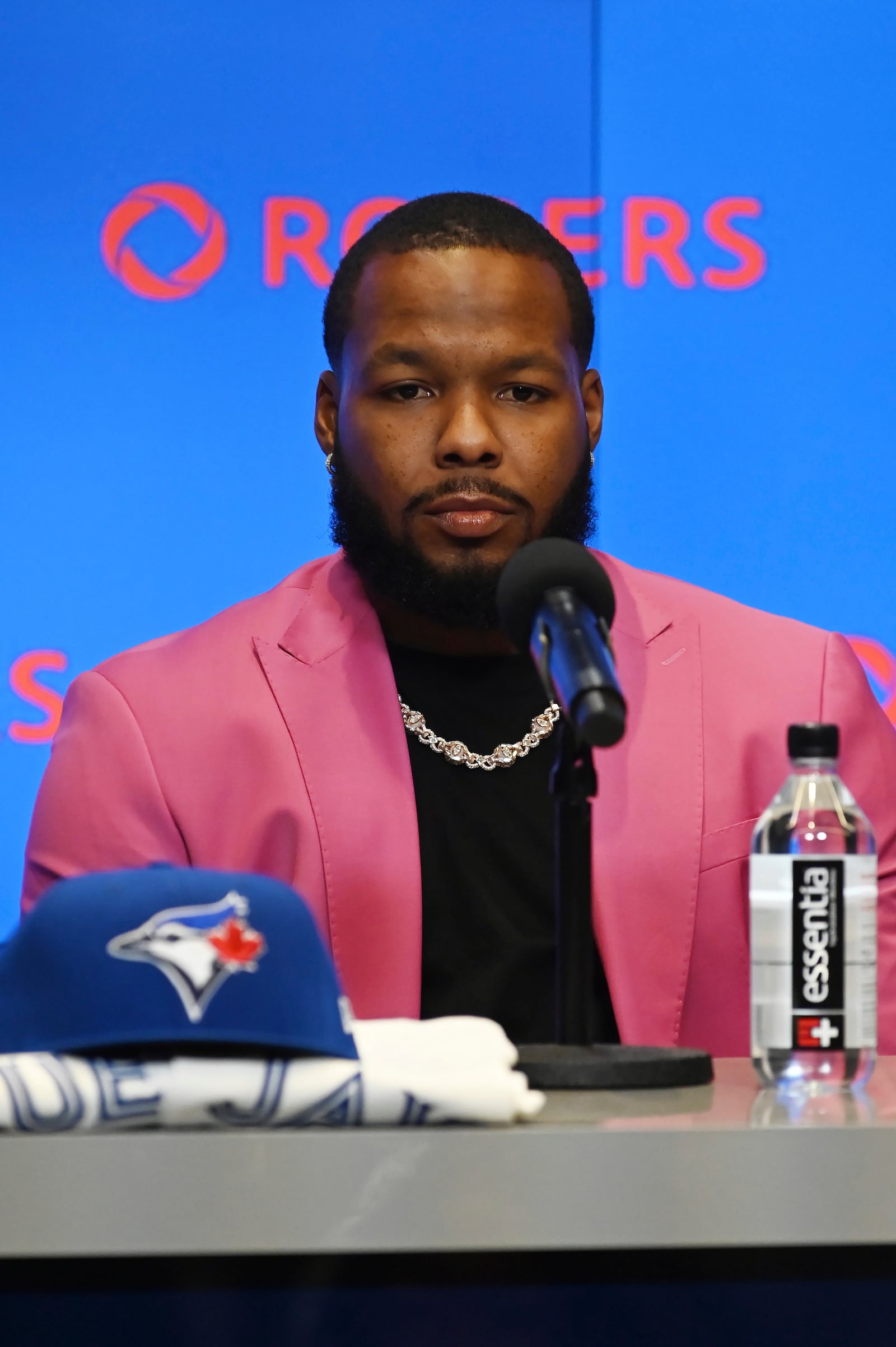 Toronto Blue Jays first baseman Vladimir Guerrero Jr. participates in a press conference in Toronto on Monday April 14, 2025. (Jon Blacker/The Canadian Press via AP)