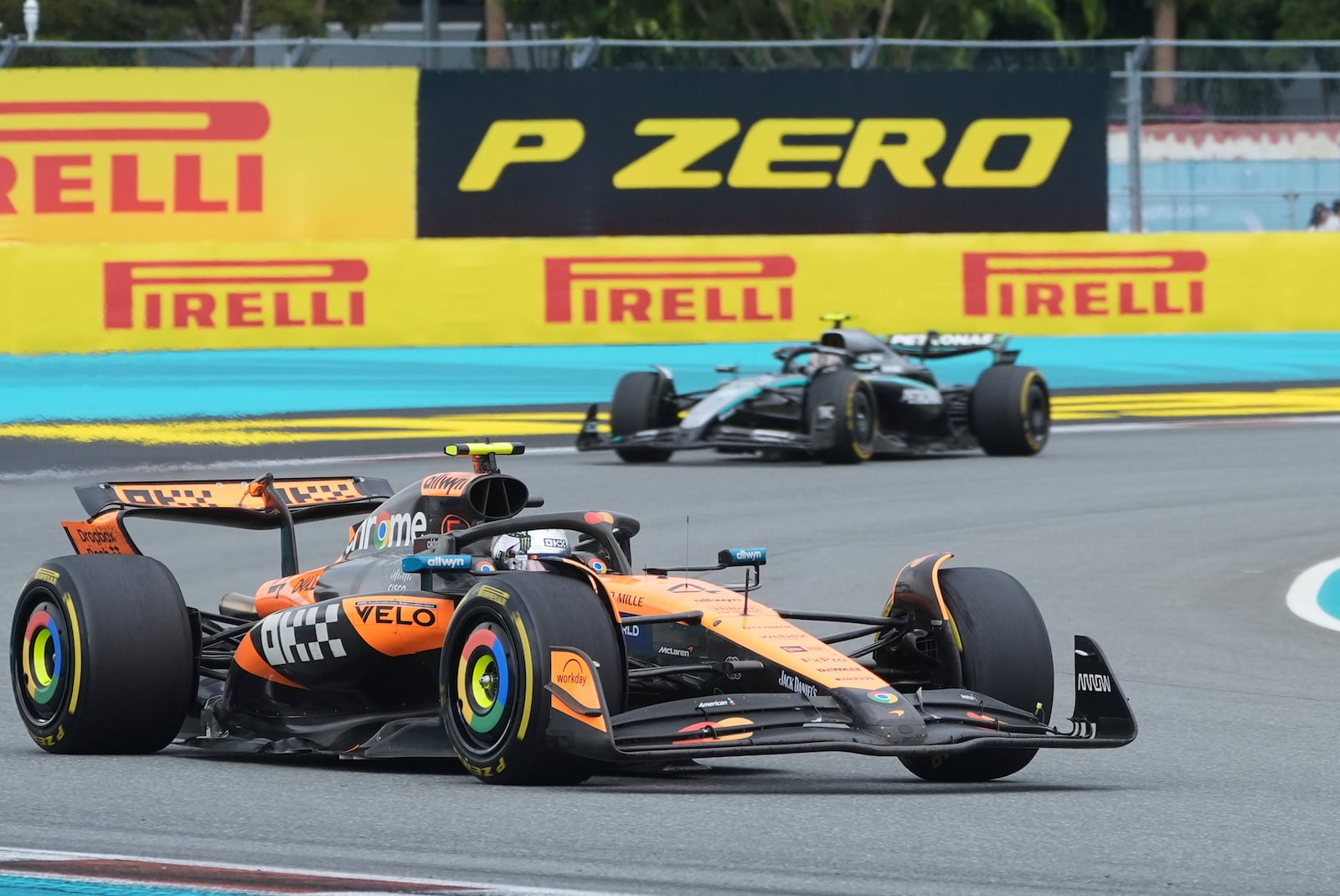 McLaren driver Lando Norris of Britain makes a turn during the Formula One Miami Grand Prix auto race Sunday, May 4, 2025, in Miami Gardens. Fla. (AP Photo/Marta Lavandier)