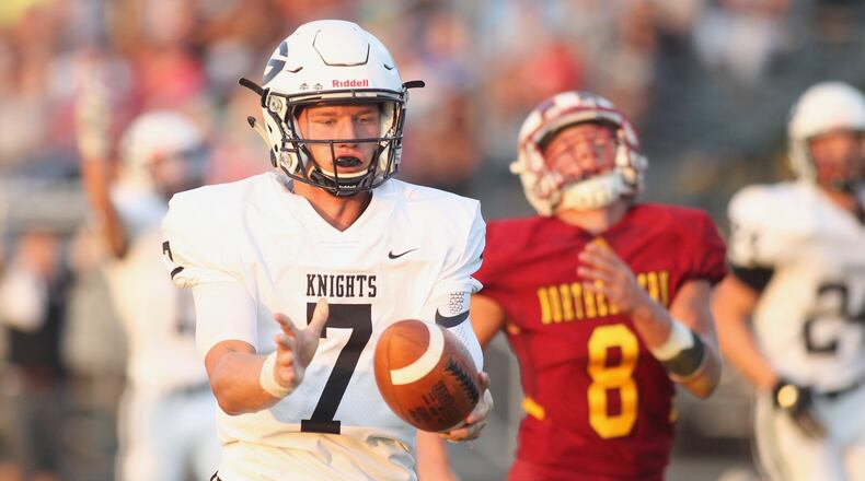 Greenon’s Cade Rice scores on a 41-yard run in the first quarter against Northeastern on Friday, Sept. 13, 2019, at Conover Field in Springfield. David Jablonski/Staff