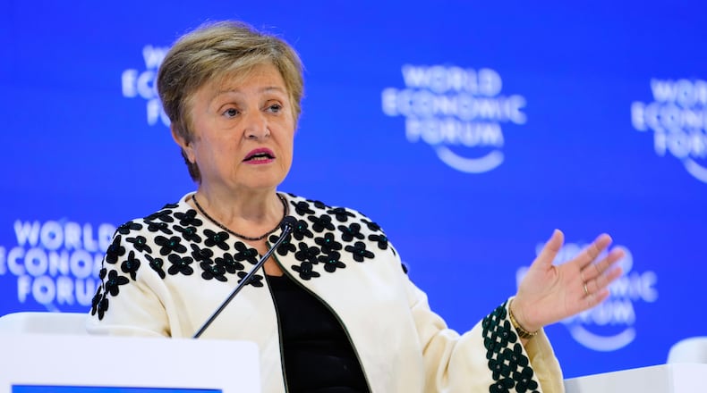 Kristalina Georgieva, Managing Director of the International Monetary Fund, attends the Annual Meeting of the World Economic Forum in Davos, Switzerland, Friday, Jan. 23, 2026. (AP Photo/Markus Schreiber)