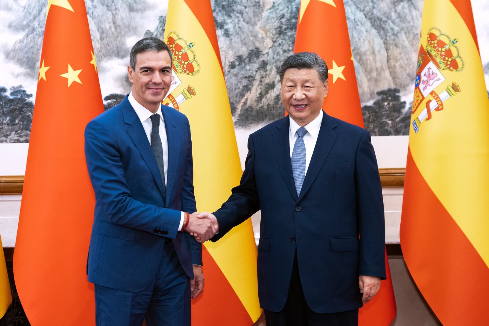 FILE - In this photo released by Xinhua News Agency, visiting Spainish Prime Minister Pedro Sanchez, left, meets with Chinese President Xi Jinping at the Diaoyutai State Guesthouse in Beijing, Sept. 9, 2024. (Huang Jingwen/Xinhua via AP, File)