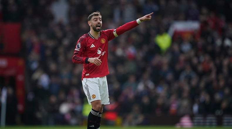 Manchester United's Bruno Fernandes reacts during the Premiier League soccer match between Manchester United and Aston Villa in Manchester, England, Sunday, March 15, 2026. (AP Photo/Dave Thompson)