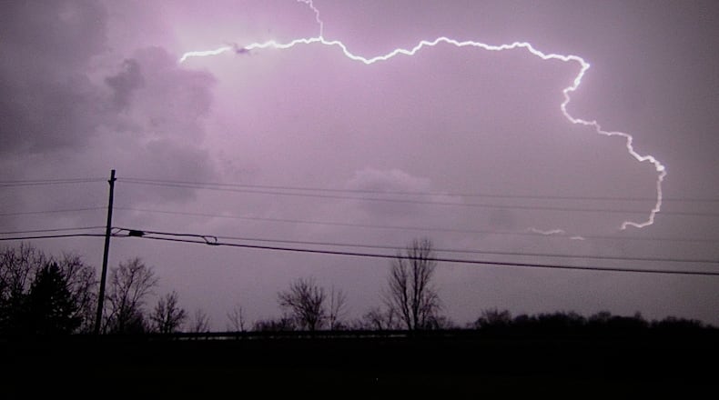 Lightning, Clark County near Enon, Thursday, MARCH 14, 2024. MARSHALL GORBY \STAFF