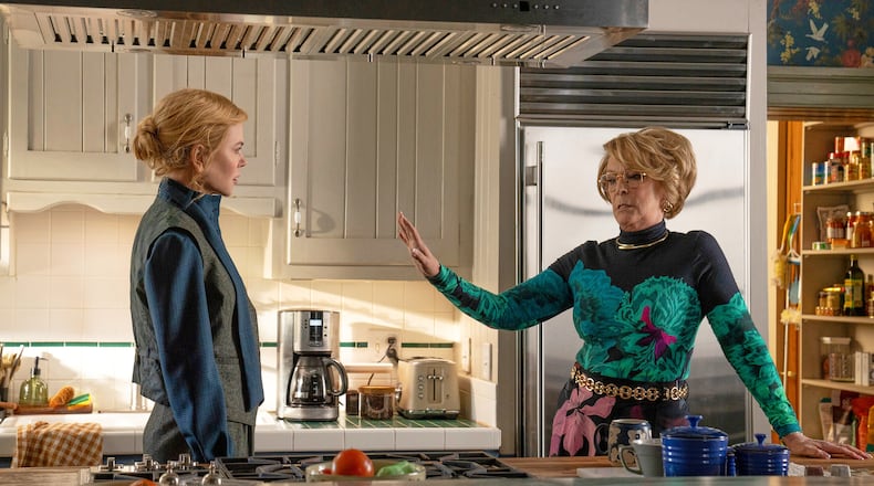 This image released by Prime shows Nicole Kidman, left, and Jamie Lee Curtis in a scene from "Scarpetta." (Connie Chornuk/Prime via AP)