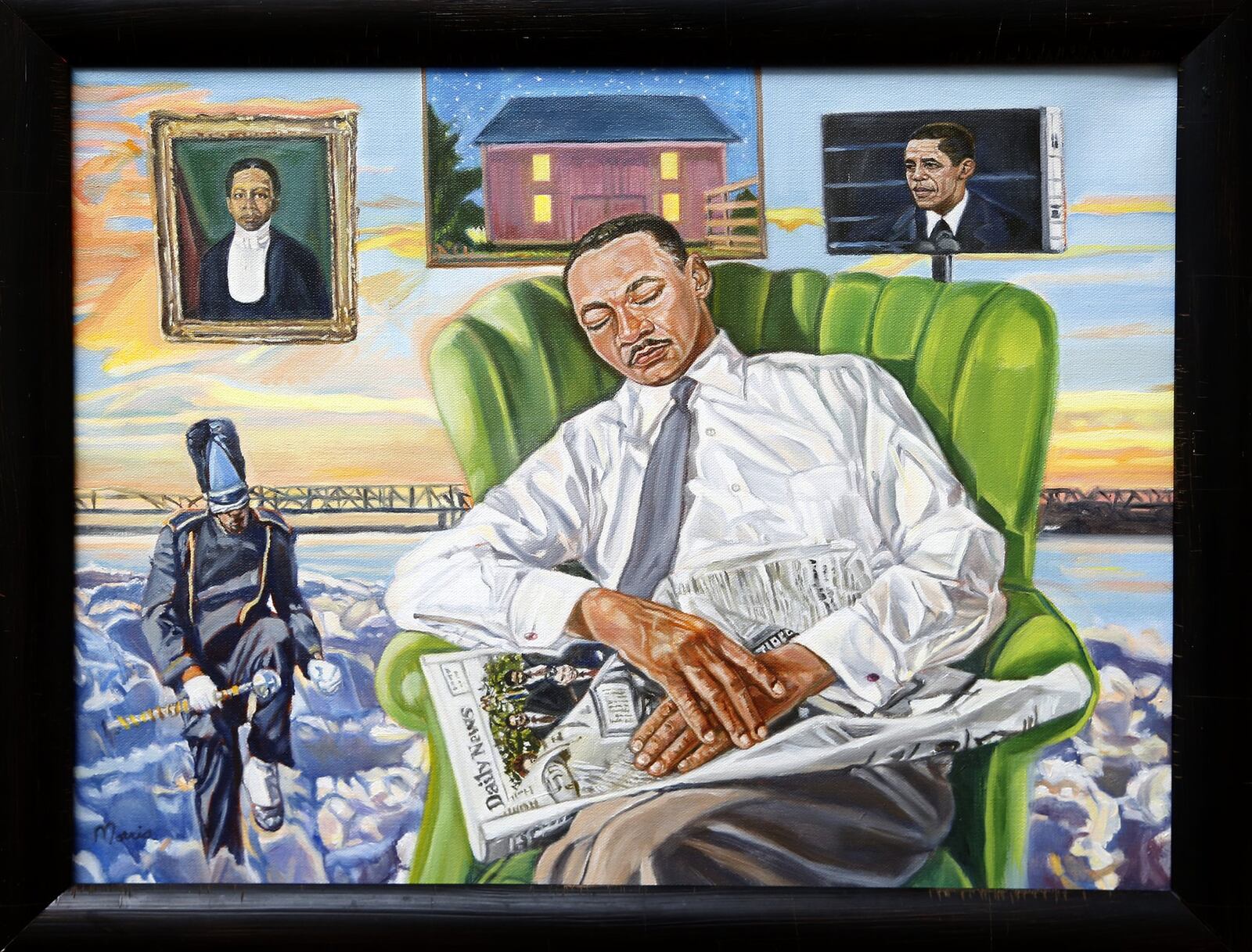 “He Had His Dream” an oil painting by Dayton artist Morris Howard, is part of the art exhibit, “The Preacher, The Poet, The Vision,” on display in the Wintergarden of the Schuster Center. LISA POWELL / STAFF
