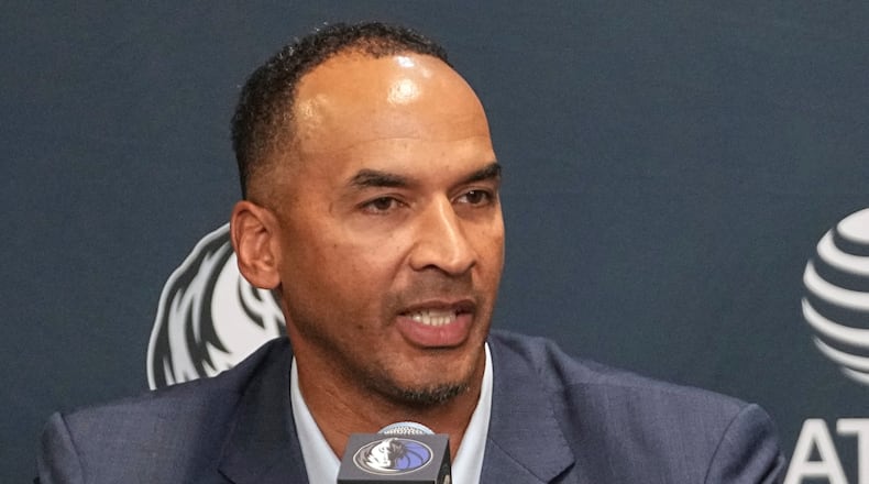 Dallas Mavericks general manager Nico Harrison speaks during a press conference at the NBA basketball team's basketball practice facility, Friday, June 27, 2025, in Dallas. (AP Photo/Tony Gutierrez, File)