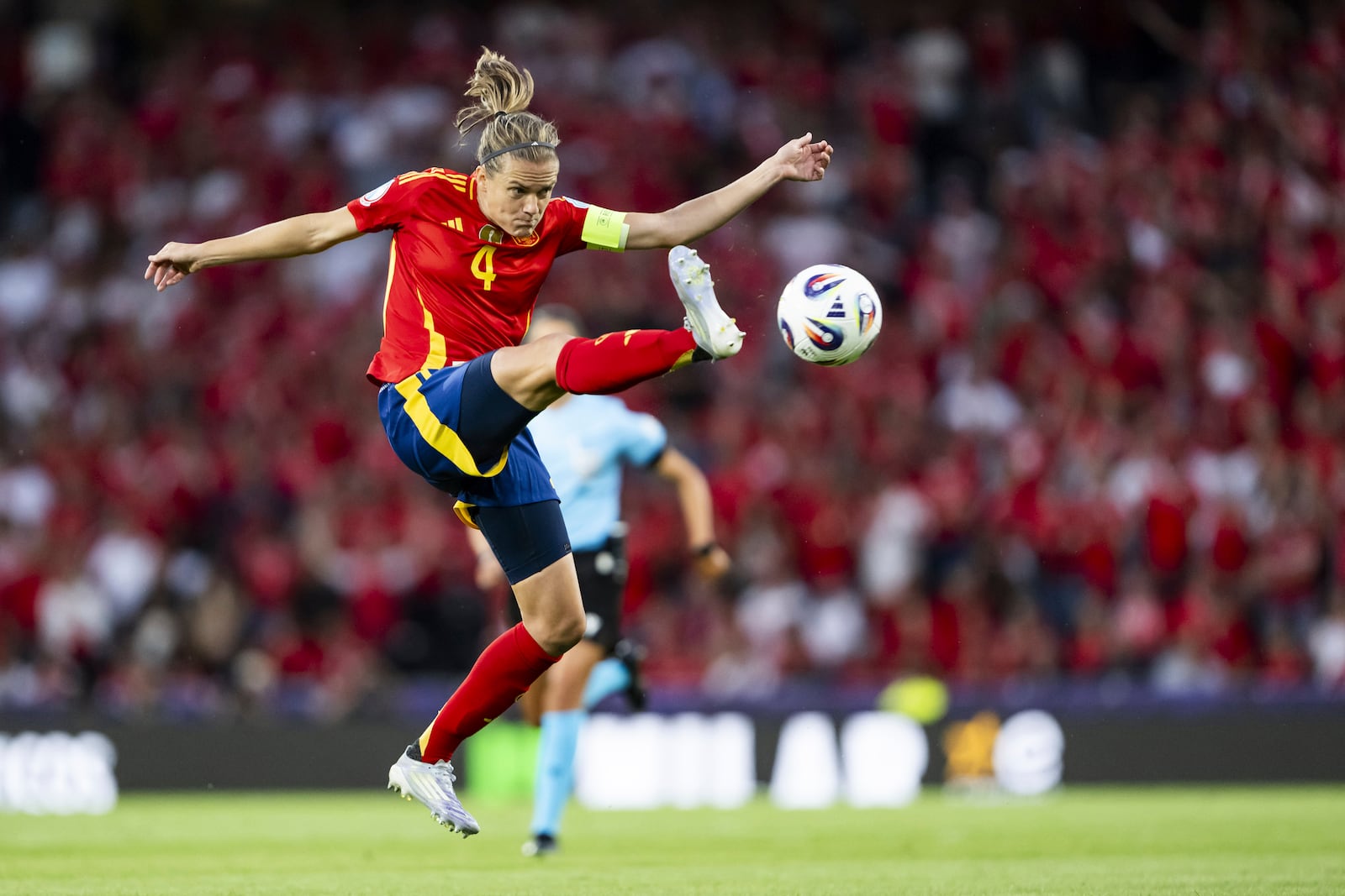Spain's Irene Paredes in action during the Women's Euro 2025 quarterfinal soccer match between Switzerland and Spain at Wankdorf stadium in Bern, Switzerland, Friday July 18, 2025. (Anthony Anex/Keystone via AP)