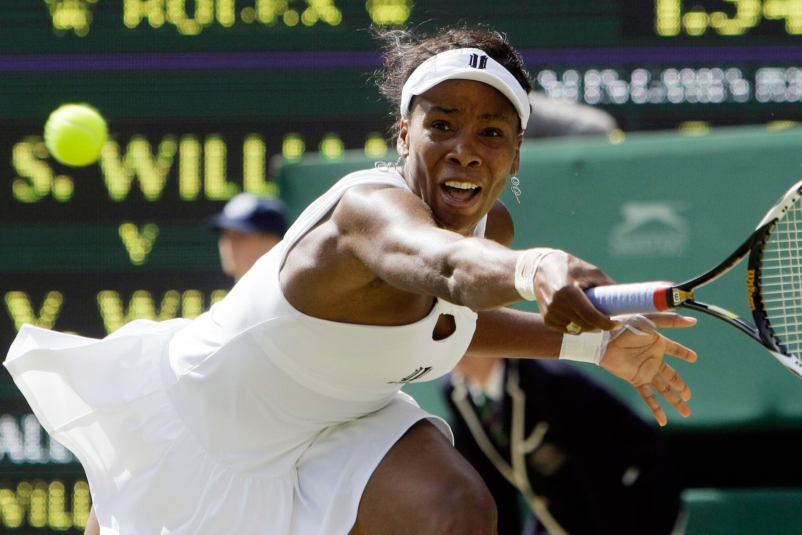 FILE - Venus Williams of the US in action in the women's singles final against her sister Serena on the Centre Court at Wimbledon, Saturday, July 5 , 2008. (AP Photo/Anja Niedringhaus, File)