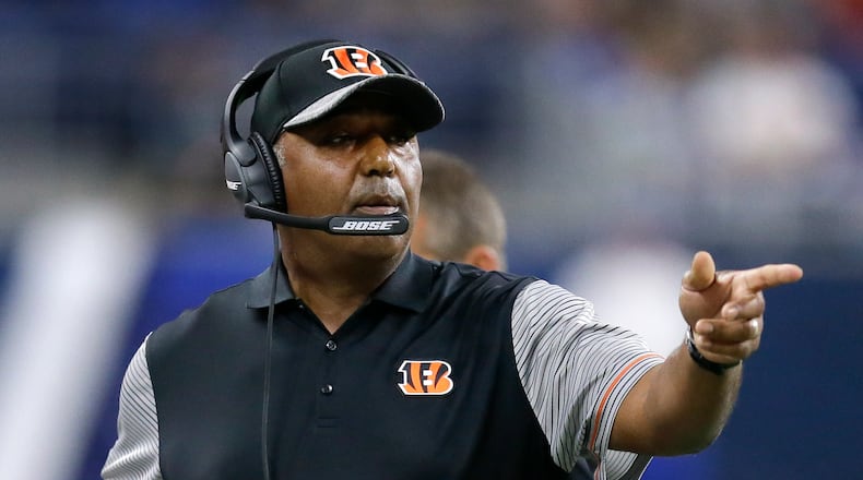 FILE - In this Aug. 18, 2016, file photo, Cincinnati Bengals head coach Marvin Lewis points in the first half of an NFL preseason football game against the Detroit Lions, in Detroit. (AP Photo/Duane Burleson, File)