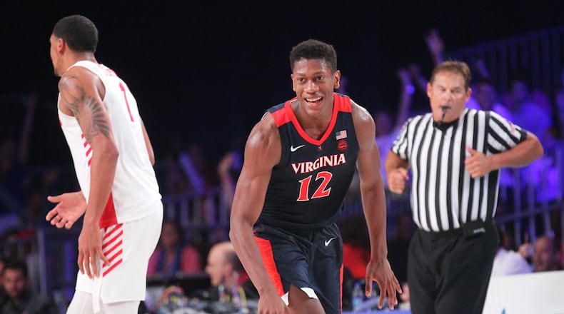 Virginia’s De’Andre Hunter reacts after making a 3-pointer against Dayton in the final minute on Thursday, Nov. 22, 2018, at Imperial Gym on Paradise Island, Bahamas.