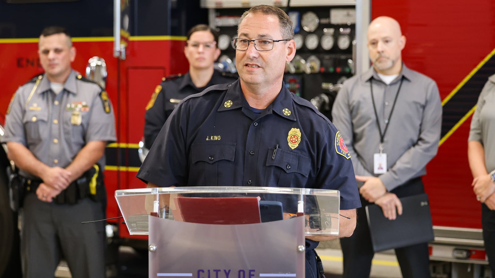 Springfield Fire Chief Jacob King speaks during a news conference at a fire station on state Route 41 in eastern Springfield on Thursday, July 31. BRYANT BILLING / STAFF