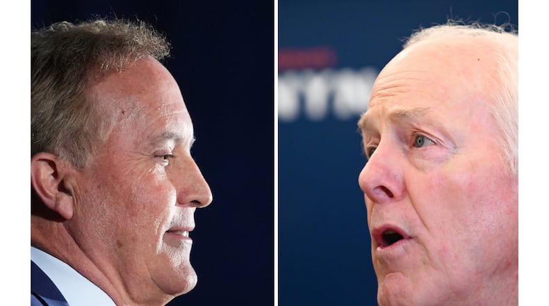 FILE - This photo combination shows Texas Attorney General Ken Paxton, left, in Dallas and Sen. John Cornyn, R-Texas, in Austin, Texas, both on March 3, 2026. (AP Photo/Julio Cortez, Jack Myer)
