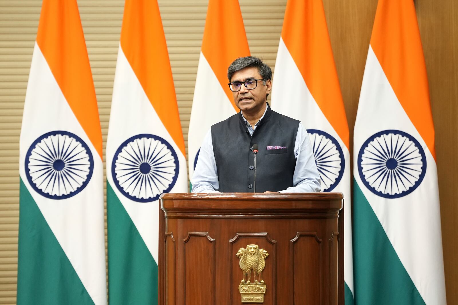 India's Foreign Secretary Vikram Misri addressed a press briefing in New Delhi, India, Saturday, May 10, 2025. (AP Photo/Karma Bhutia)