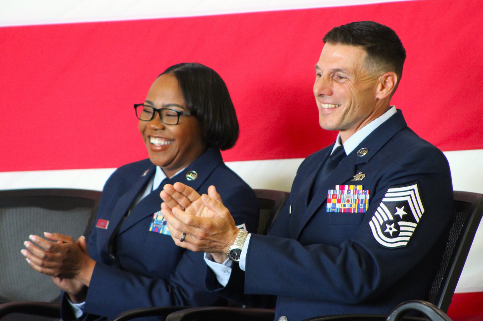 Chief Master Sgt. Charles Hansel assumed authority as the wing’s senior enlisted leader from Chief Master Sgt. Jacquita Melton, who relinquished authority after 3 years of leadership. STAFF/SYDNEY DAWES
