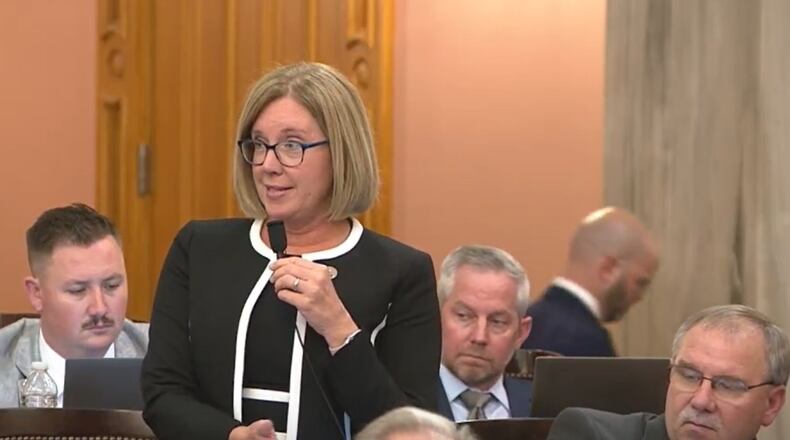 State Rep. Cindy Abrams (R-Harrison) during Tuesday’s Ohio House session, urging support of S.B. 109, saying lawmakers had a duty to protect Ohioans by increasing accountability of medical professionals when it comes to allegations of sexual abuse. COURTESY OF THE OHIO CHANNEL