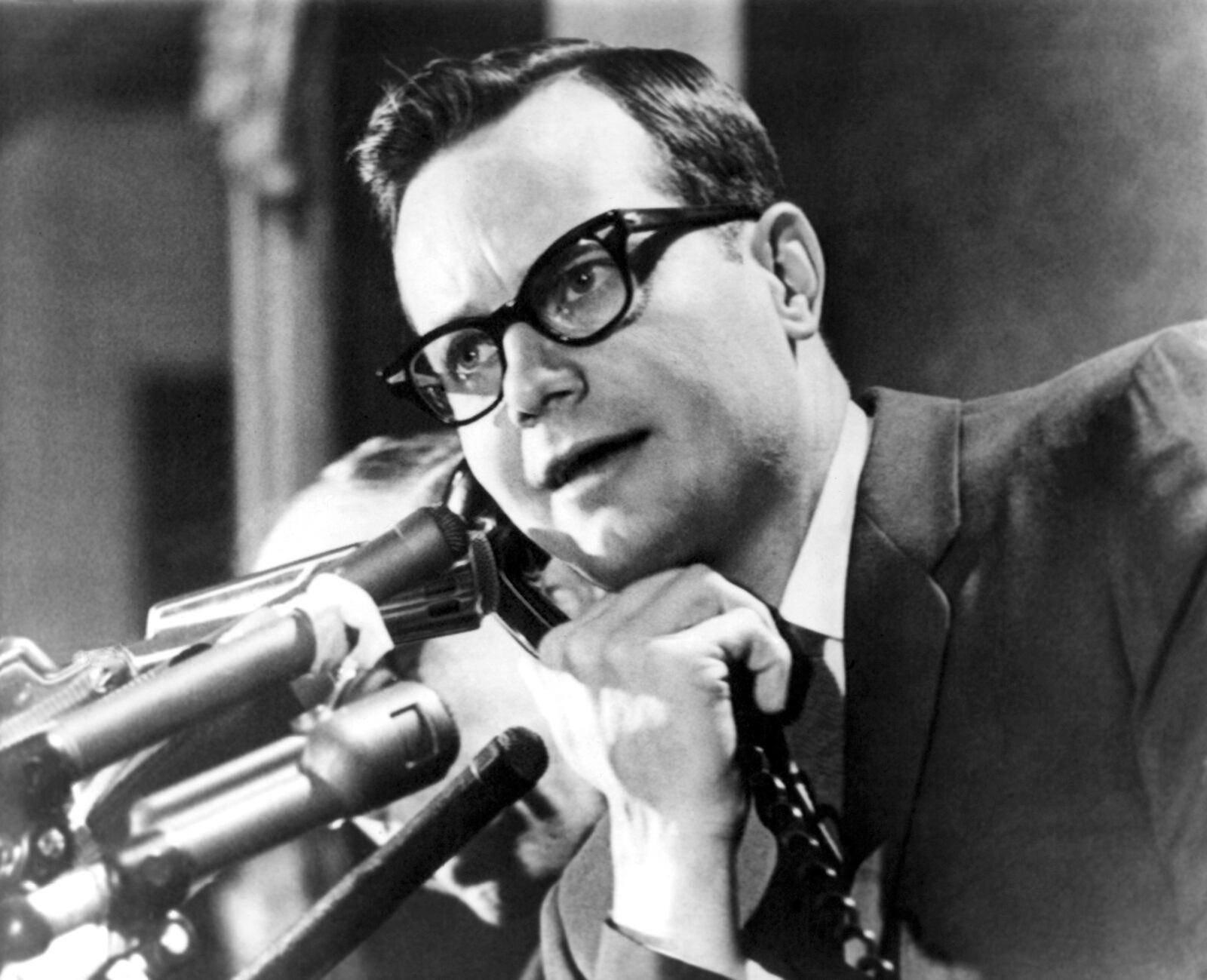 FILE - White House press secretary Bill Moyers appears at a press briefing at White House in Washington on Feb. 25, 1966. (AP Photo/William J. Smith, File)