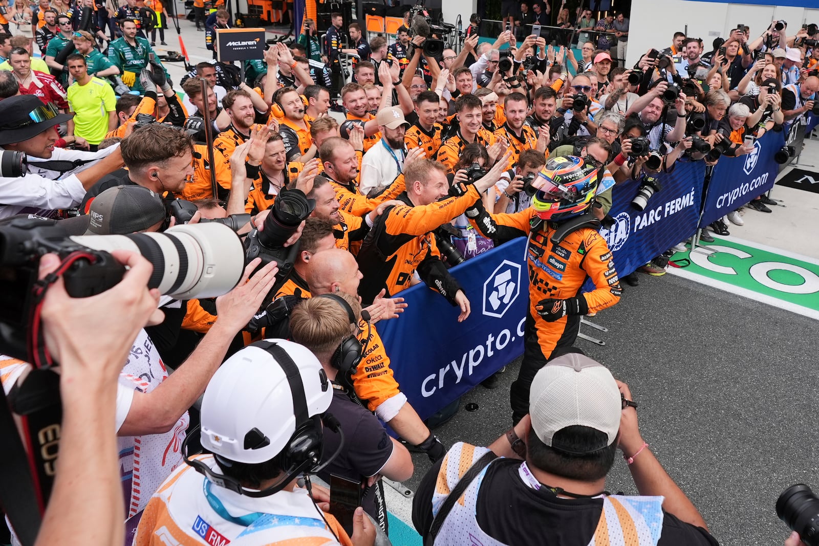 McLaren driver Oscar Piastri of Australia celebrates after winning the Formula One Miami Grand Prix auto race Sunday, May 4, 2025, in Miami Gardens. Fla. (AP Photo/Rebecca Blackwell)