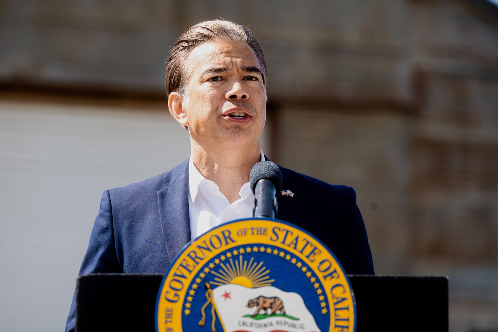 California Attorney General Rob Bonta discusses President Donald Trump's tariffs during a press conference on Wednesday, April 16, 2025, at an almond farm in Ceres, Calif. (AP Photo/Noah Berger)