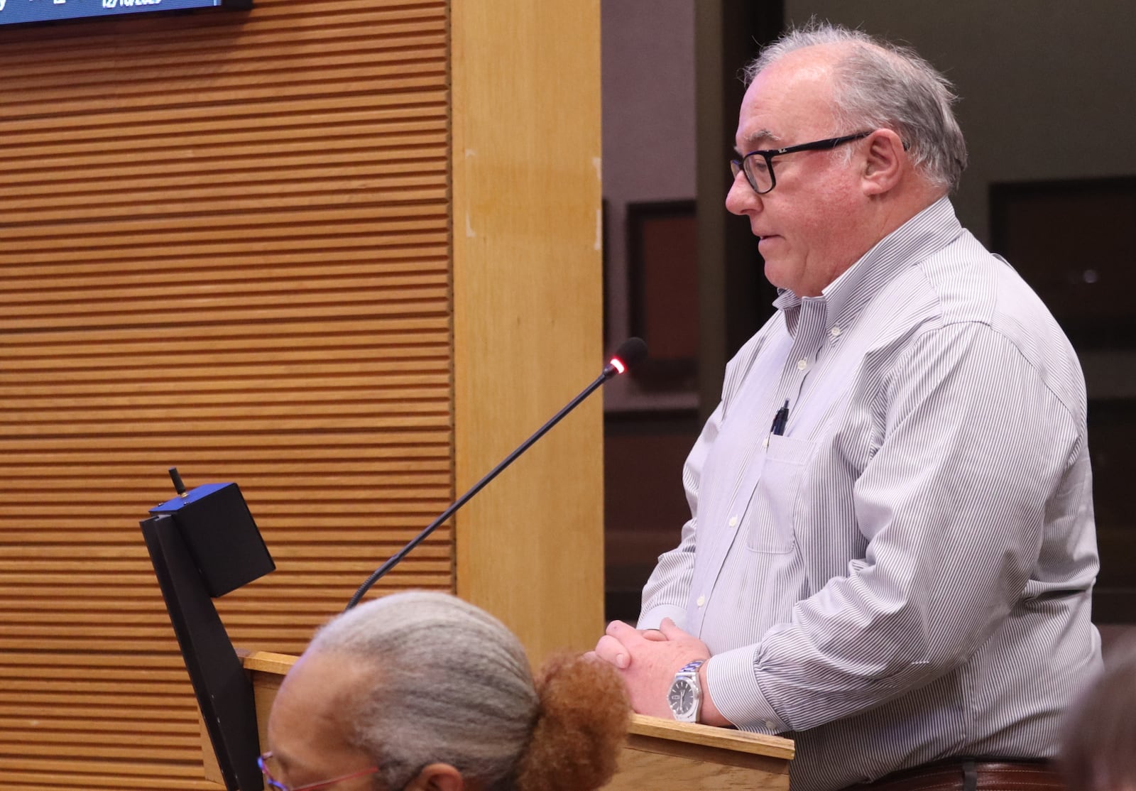Sheltered Inc. Board Director Ross McGregor speaks during a Springfield City Commission, which approved funds to allow Shelter Inc. to keep its men's shelter open through the winter at its Tuesday, Dec. 16, 2025 meeting. JESSICA OROZCO/STAFF
