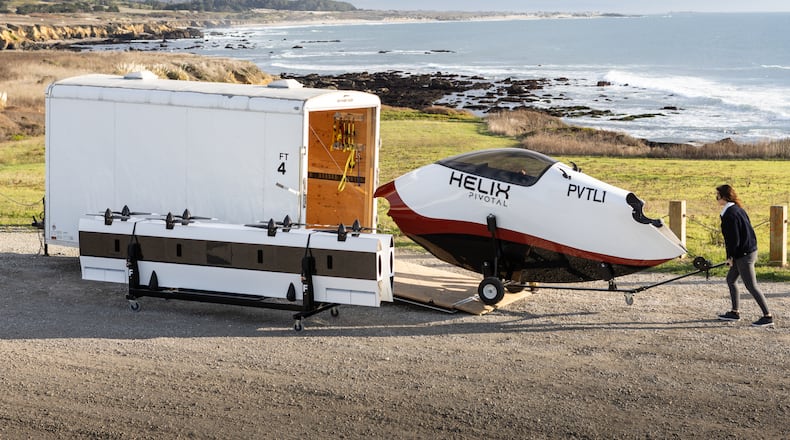 A 16' road trailer can hold everything needed to take the Helix to airspace areas, eVTOL producer Pivotal says. Pivotal image.