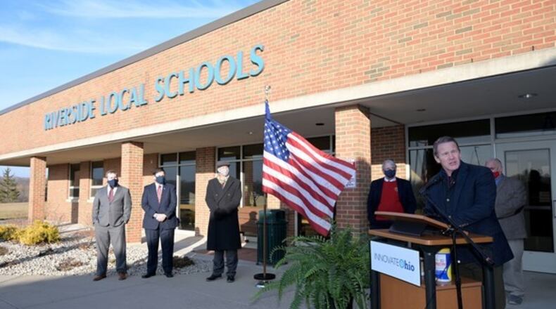 Lt. Gov. Jon Husted was joined by Paolo DeMaria, the state’s Superintendent of Public Instruction; Scott Mann, Superintendent of Riverside Schools; and other state and local partners to highlight the district’s use of state funding to provide hotspots and internet-enabled devices to students. CONTRIBUTED