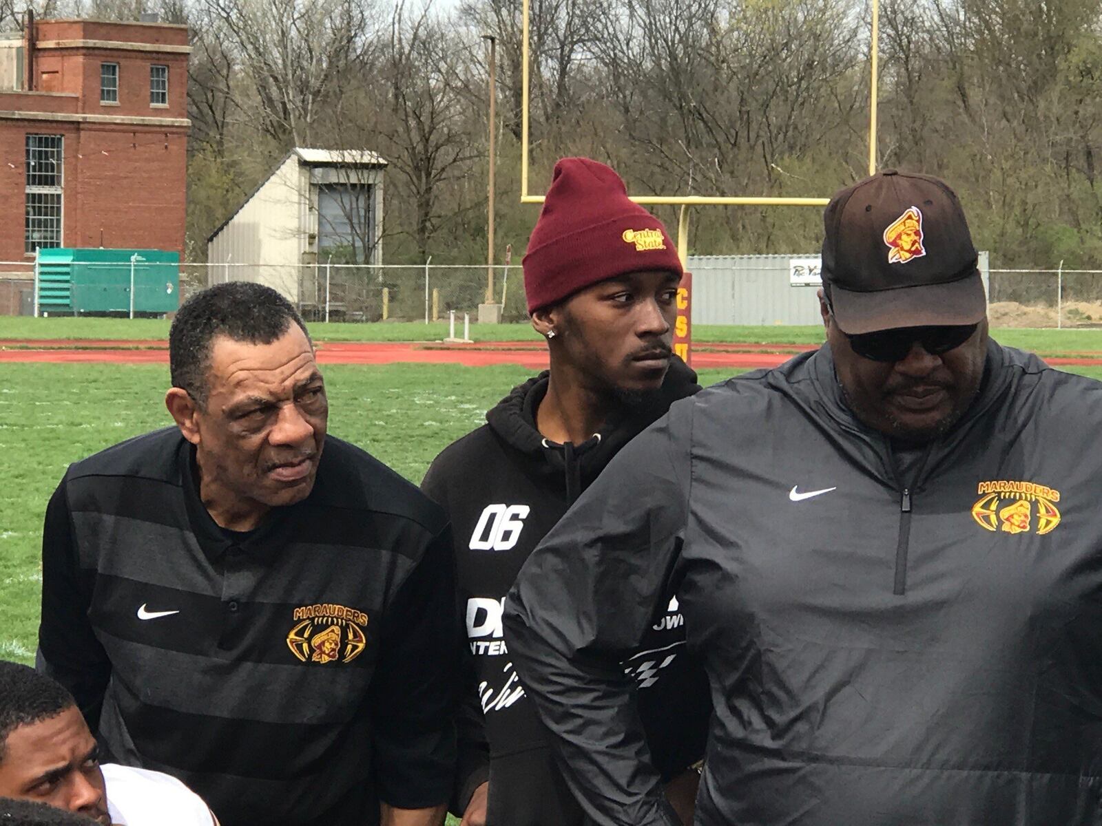 Wide receivers coach George Ragsdale (left), student assistant Lavon Meeks and head coach Cedric Pearl (right) talking to CSU team after Spring Showcase Saturday at McPherson Stadium. Tom Archdeacon/STAFF
