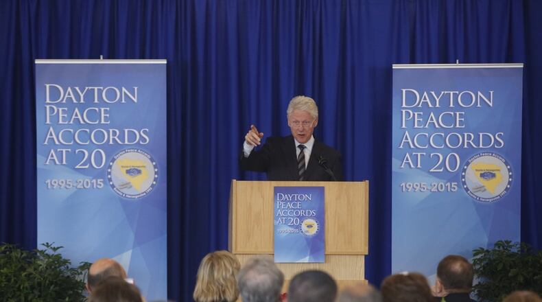 Bill Clinton arrives at the University of Dayton for the Dayton Peace Accords anniversary.
