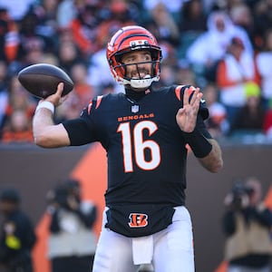 Cincinnati Bengals quarterback Joe Flacco steps back to pass in the second quarter of their game against the New England Patriots on Saturday, Nov. 23, 2025 at Paycor Stadium. JEREMY MILLER / CONTRIBUTED PHOTO