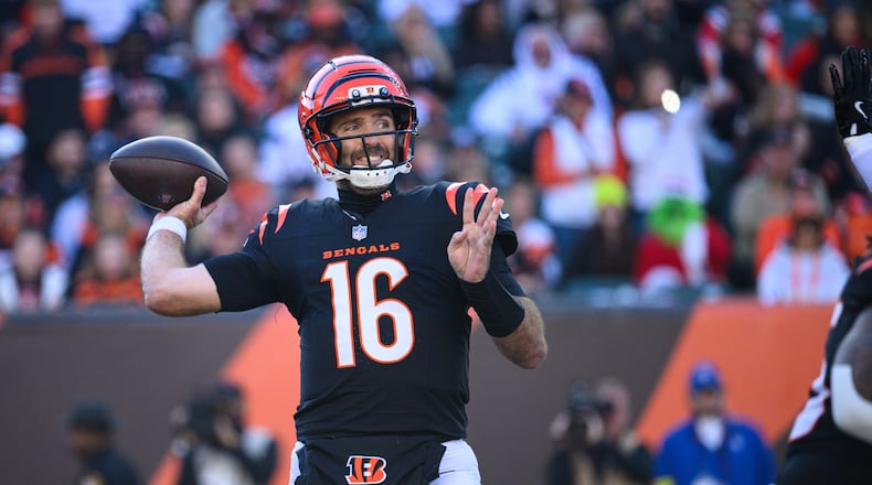 Cincinnati Bengals quarterback Joe Flacco steps back to pass in the second quarter of their game against the New England Patriots on Saturday, Nov. 23, 2025 at Paycor Stadium. JEREMY MILLER / CONTRIBUTED PHOTO