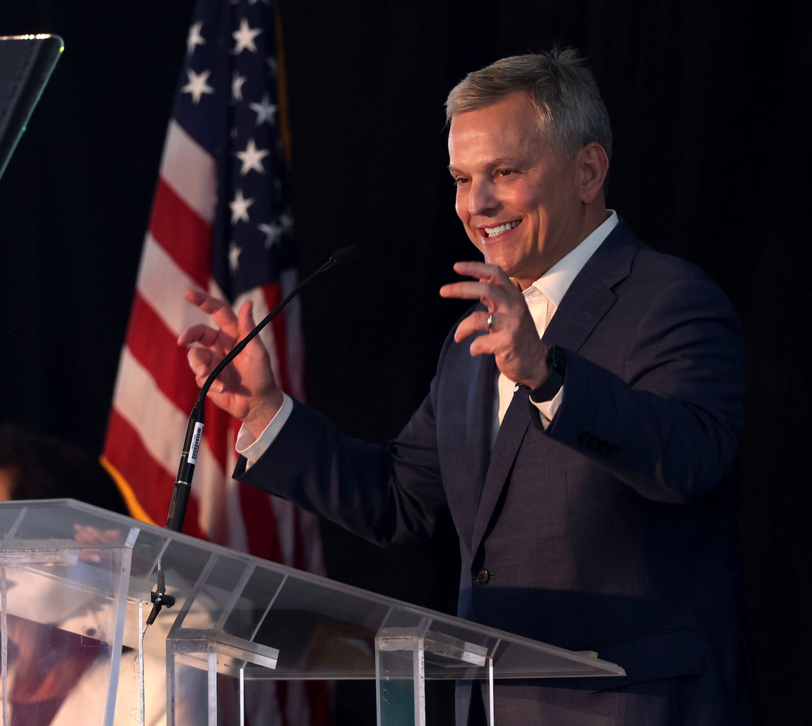 North Carolina governor Josh Stein makes that announcement that JetZero will build its manufacturing facility for its future Z4 passenger jet at Piedmont Triad International Airport in Greensboro, during a ceremony on Thursday, June 12, 2025 at PTI Airport in Greensboro, N.C. (Walt Unks/The Winston-Salem Journal via AP)
