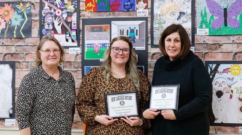 Melissa Elfers (right), officially titled as a librarian at Northwestern Local Schools, was recognized by the New Carlisle Rotary for her unwavering dedication and contributions to the school community; and Linay Honaker (middle), a Title One Aide at Tecumseh Local Schools, was honored for her exceptional dedication and service over the past six years by the New Carlisle Rotary. Contributed